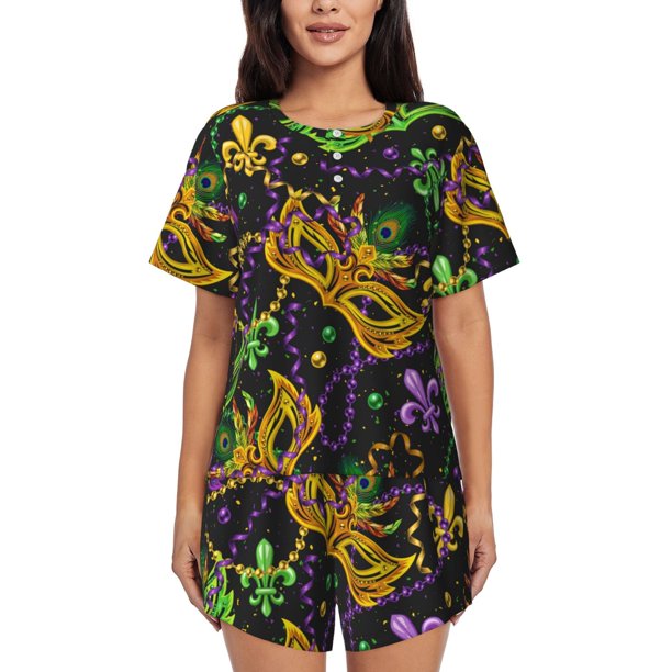 Fotbe Mardi Gras Surface Conjunto de Pijama Estampado para Mujer, 2 Piezas, Ropa de Dormir con Camiseta de Manga Corta y Shorts Suaves-4X-Large