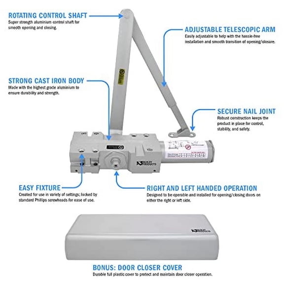 Nuk3y 4400 Series Grade 1 Cast Iron Door Closer, Multi-Mount, Adjustable Size 1-6, ADA Compliant, UL Listed (Aluminum)