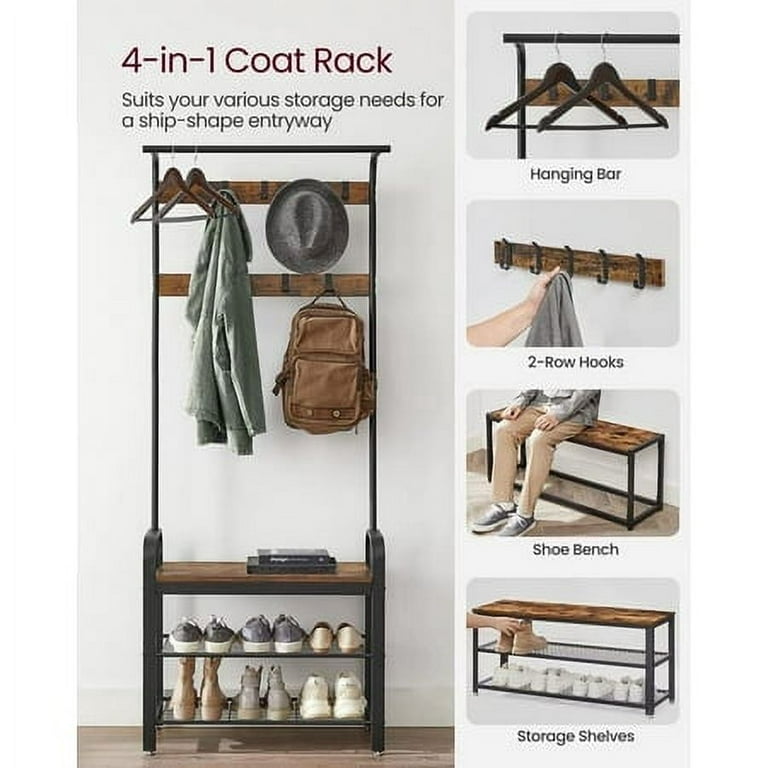 VASAGLE 4-in-1 Hall Tree with Shoe Bench for Entryway Bench with 9  Removable Hooks 13.3 x 28.3 x 72.1 Inches Coat Rack Rustic Brown and Black  