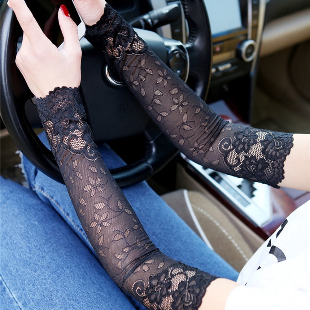 Dress Choice Summer UV Protection Arm Sleeves Sexy Crochet Floral Lace Warmers Jacquard Scar Cover Long Fingerless Driving Gloves for Women Girls,