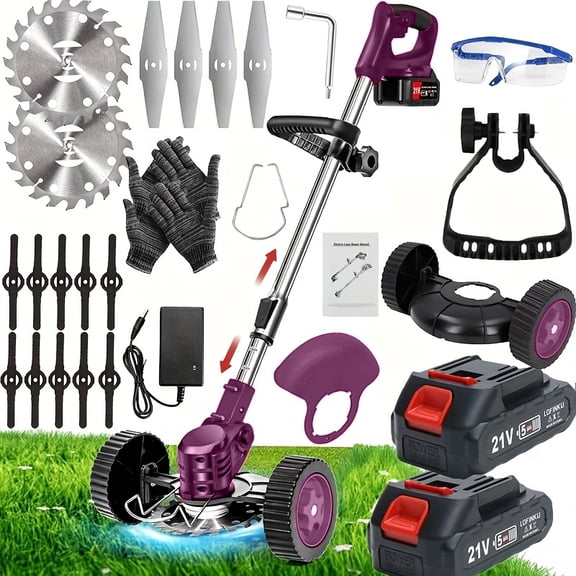 2025 Compact Portable Cordless Electric Lawn Mower/Weeder with 2 High Capacity Lithium Batteries and 3 Types of Blades, Multiple Gifts, Multi-Functional Weeder for Yard and Garden (purple)