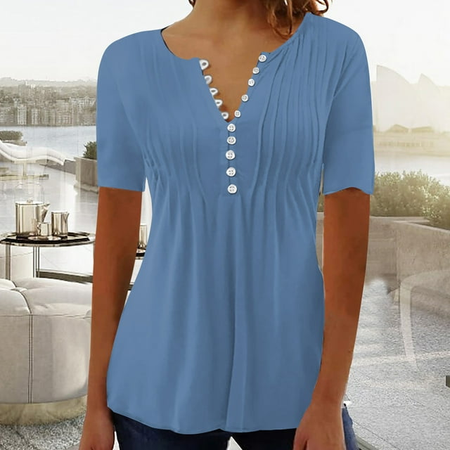 LSLJS T-Shirts pour Femmes Mode Décontractée Col Rond Plissé Couleur Unie Bouton Haut Blouse