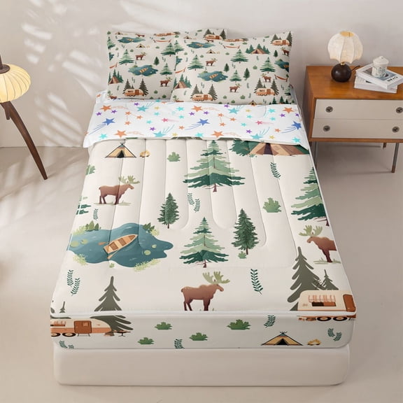 Homewish Kids Travel Adventure Camper Zipper Twin Comforter Sets with Fitted Sheet and 2 Pillowcases,Adventure Theme Zipper Bedding Set For Retro Trailer Lover,Reversible,4 Pieces