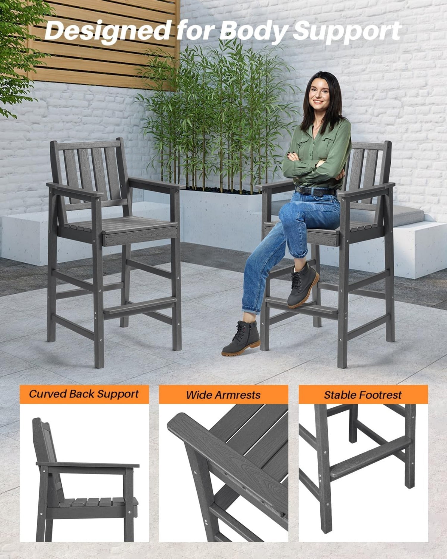 3-Piece Adirondack Bar Table Set, HDPE Outdoor Bar Height Chairs and Table Set, All Weather Patio Bar Furniture for Balcony, Porch, Garden, Poolside, Smoke Gray