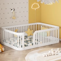 Harper & Bright Designs Full Size Floor Platform Bed with Fence, Wooden Montessori Bed with Safety Guardrails for Boys Girls Bedroom, White
