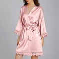 thumbnail image 4 of Women's Satin Nightgown Lace Silk Pajamas Robe with Belt Long Sleeve Sleepwear Lightweight Chemise Mini Teddy (L, Pink), 4 of 6
