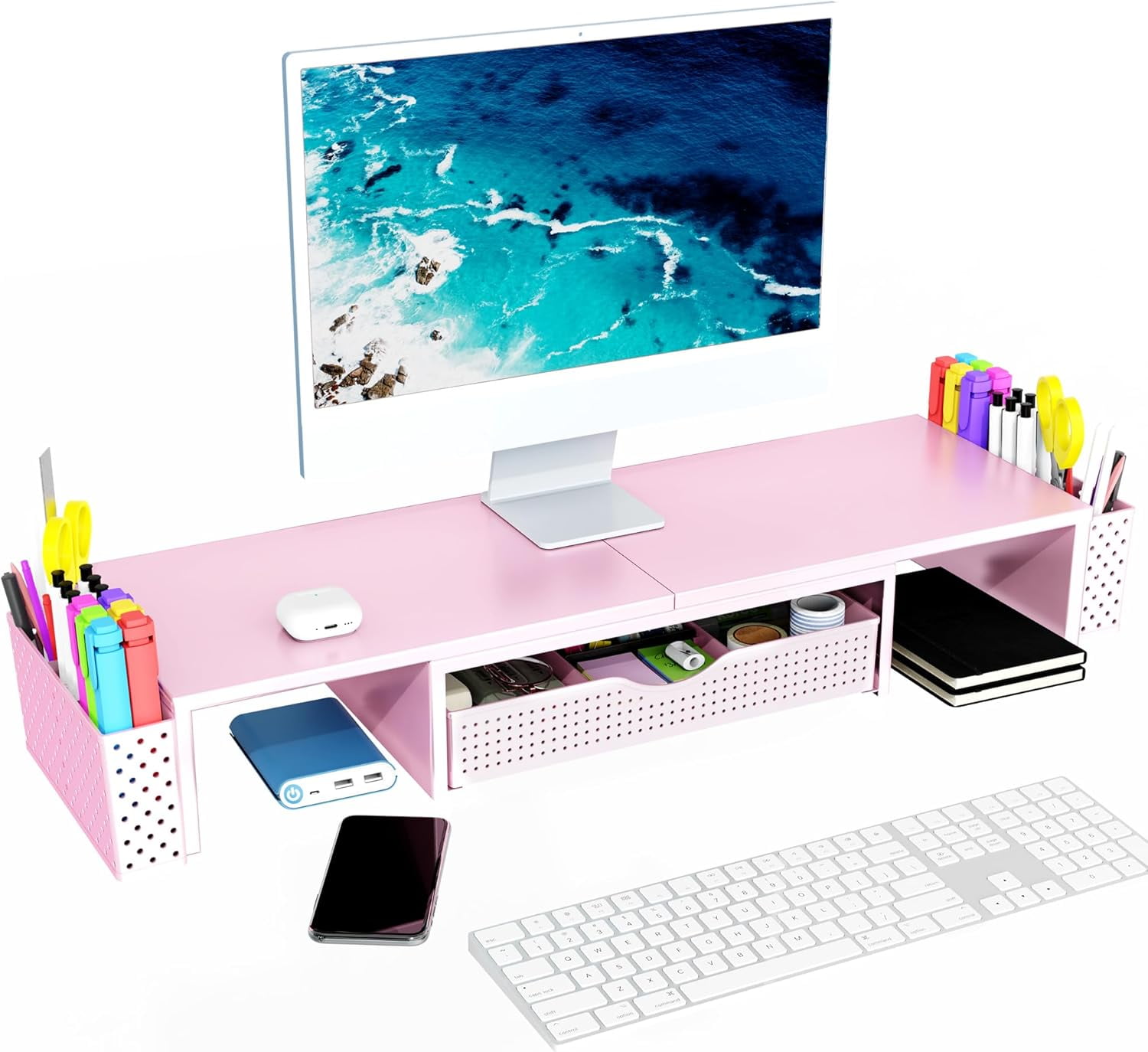 Metal Dual Monitor Stand Riser with Drawer & 2 Pen Holders - Ergonomic Desk Storage Organizer