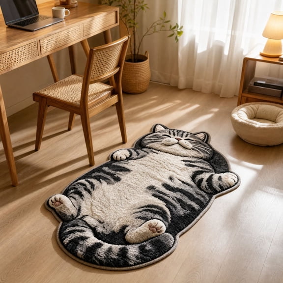 Cute Lying Tabby Cat Shaped Area Rug, Soft Fluffy Animal Floor Mat with Kitten Design for Bedroom Bathroom and Home Decor