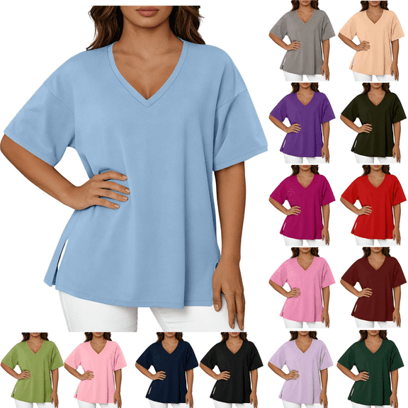 yoeyez Oversized Tshirts for Women Side Slit V Neck Summer Tops Solid Color Half Sleeve T Shirts Loose Fit Dressy Blouses Army Green,XXL
