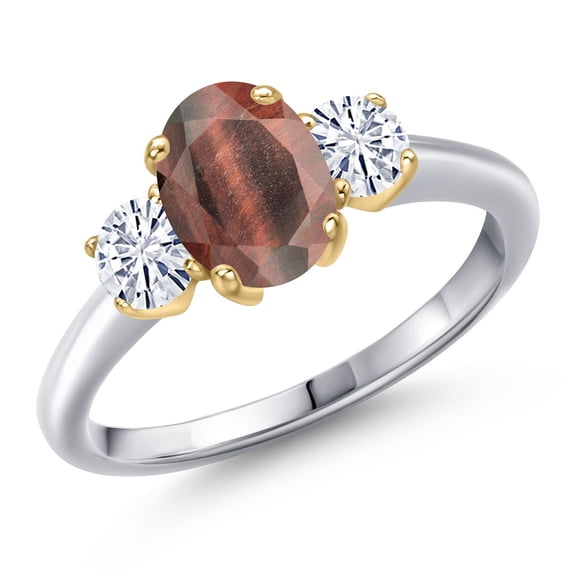 Gem Stone King 10K Two Tone Gold Red Tiger Eye and White Moissanite Engagement Ring for Women | 1.71 Cttw | Oval 8X6MM | Gemstone Birthstone | Size 8