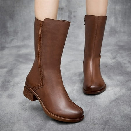 

Alueeu Women s Mid-Calf Boots Color Zipper Solid Fashion Heel Plus Women s Velvet Shoes Mid Oots Inner Mid Heel Thick Women s Boots