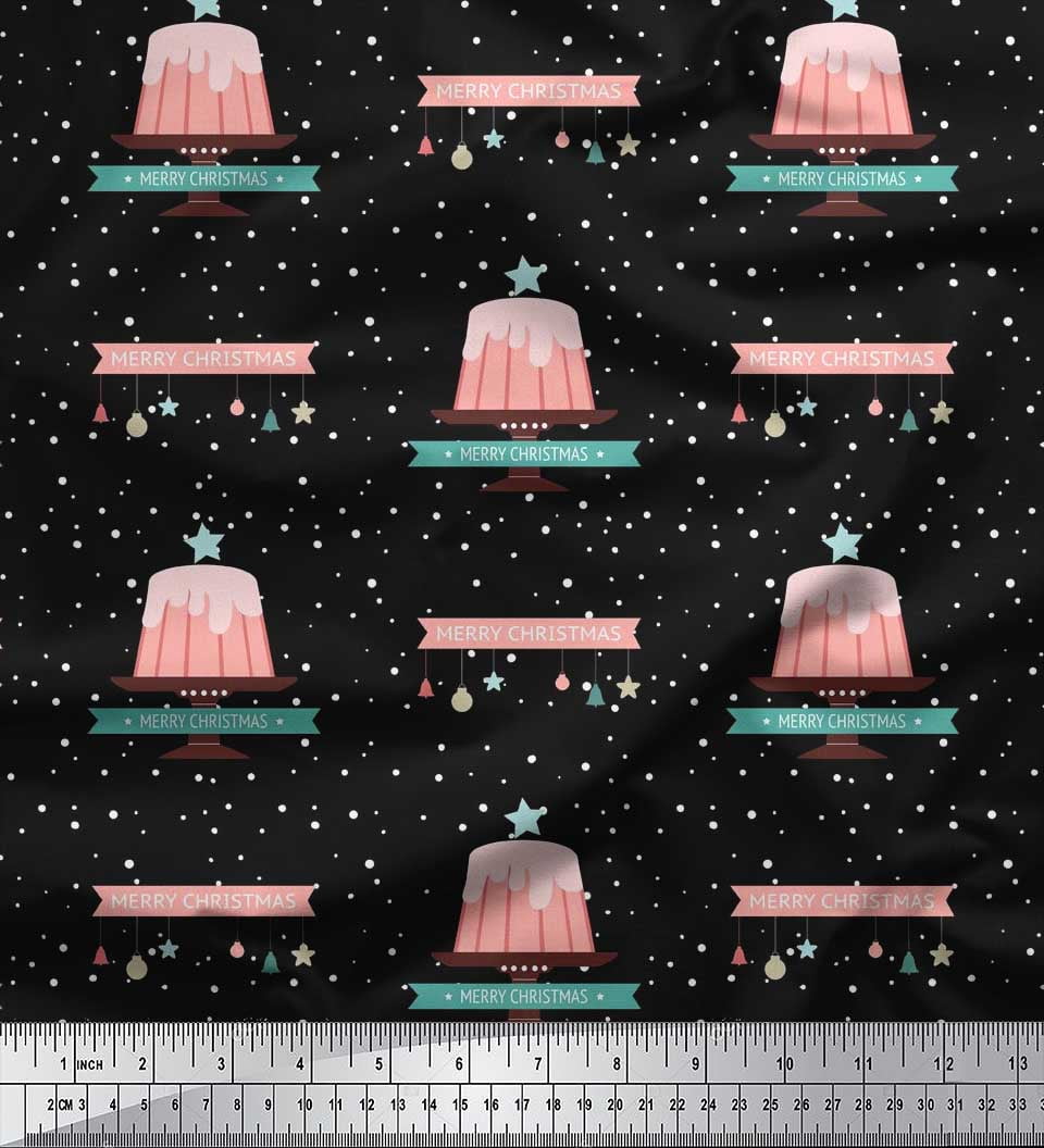 Soimoi Black Heavy Satin Fabric Cake & Ornaments Christmas Printed Fabric 1 Yard 54 Inch Wide