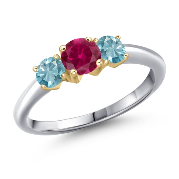 Gem Stone King 10K Two Tone Gold Red Created Ruby and Blue Zircon Engagement Ring for Women | 1.60 Cttw | Round 5MM | Gemstone July Birthstone | Size 8