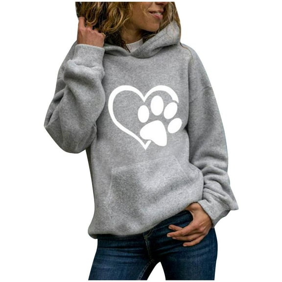 Heart Print Hoodies for Women Drawstring Long Sleeve Cute Oversized Sweatshirt Dog Paw Print Graphic Pullover Tops