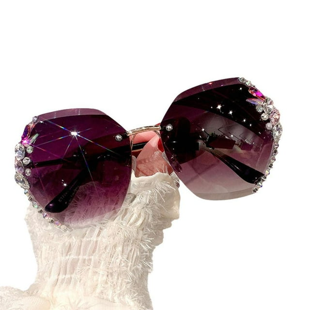 Rimless Rhinestones Sunglasses Womens Fashion Gradient Lens Shades Sun