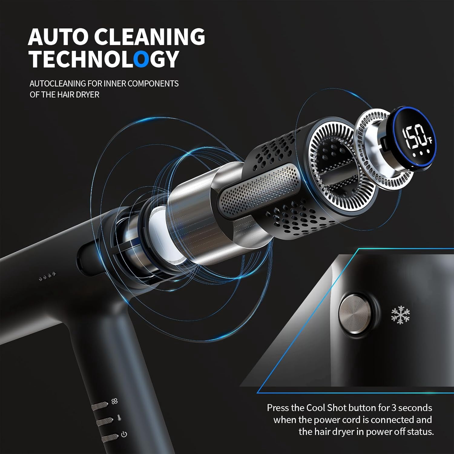 Hair Dryer with Diffuser, Professional Ionic Blow Dryer with High Speed Brushless Motor, Compact Design for Fast Drying, Intelligent Heat, Airflow Control with LED Display for All Hair Types