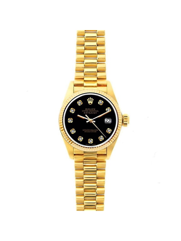 Pre-Owned Rolex Datejust 26MM 69178 Black Diamond Dial Fluted Bezel 18K Yellow Gold President Bracelet