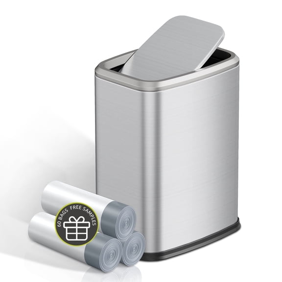 KSSKSS 2.1 Gallon/8L Stainless Steel Bathroom Trash Can with Swing Lid, Silent Garbage Can for Bathroom, Bedroom, Office,Living-Room (Titanium Silver)