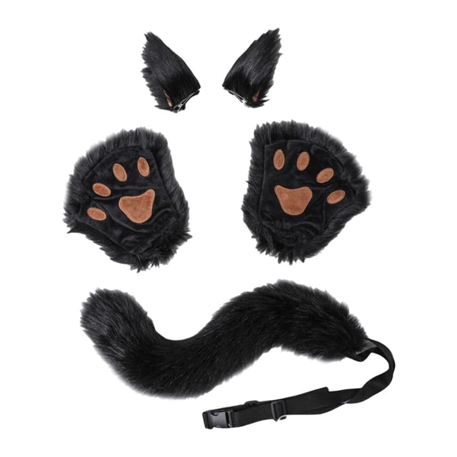 Conjunto de accesorios de disfraz de zorro esponjoso, diadema con orejas de animales, guantes de zorro para Halloween, Co, disfraz de negro Colco Traje de juego de cosplay