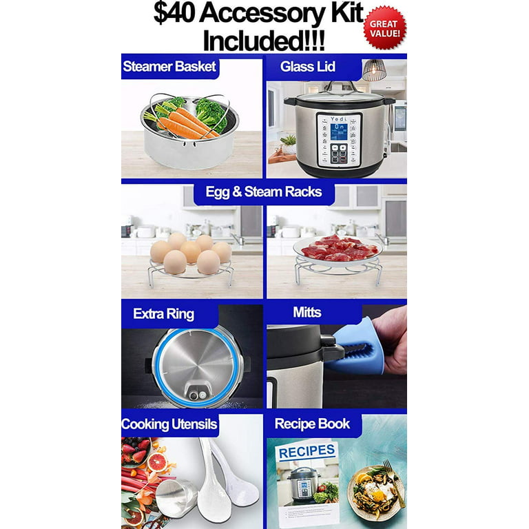 Yedi HOUSEWARE 9-in-1 Total Package Instant Programmable Pressure Cooker  XL, 8 Quart, Deluxe Accessory kit, Recipes, Pressure Cook, Slow Cook, Rice