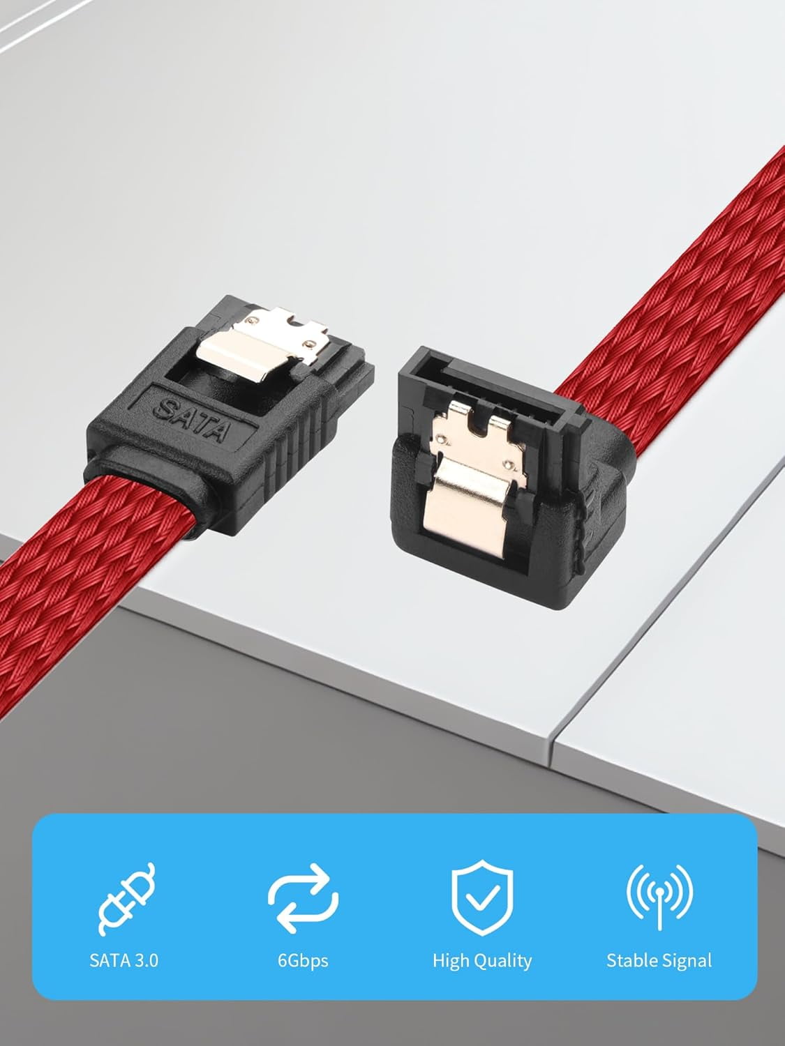 HRTGFD-4 Pack SATA III Cable 20 Inch 6Gbps SATA 3.0 90 Degree Right Angle with Locking Latch for HDD SSD CD Driver CD Writer (Red)