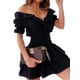 thumbnail image 4 of TRKIYQC 2022 mujeres Warp cuello pico vestido manga corta Puff Color sólido fruncido elástico cintura alta volante Mini vestido negro blanco Vestidos TRKIYQC moderno, 4 of 9
