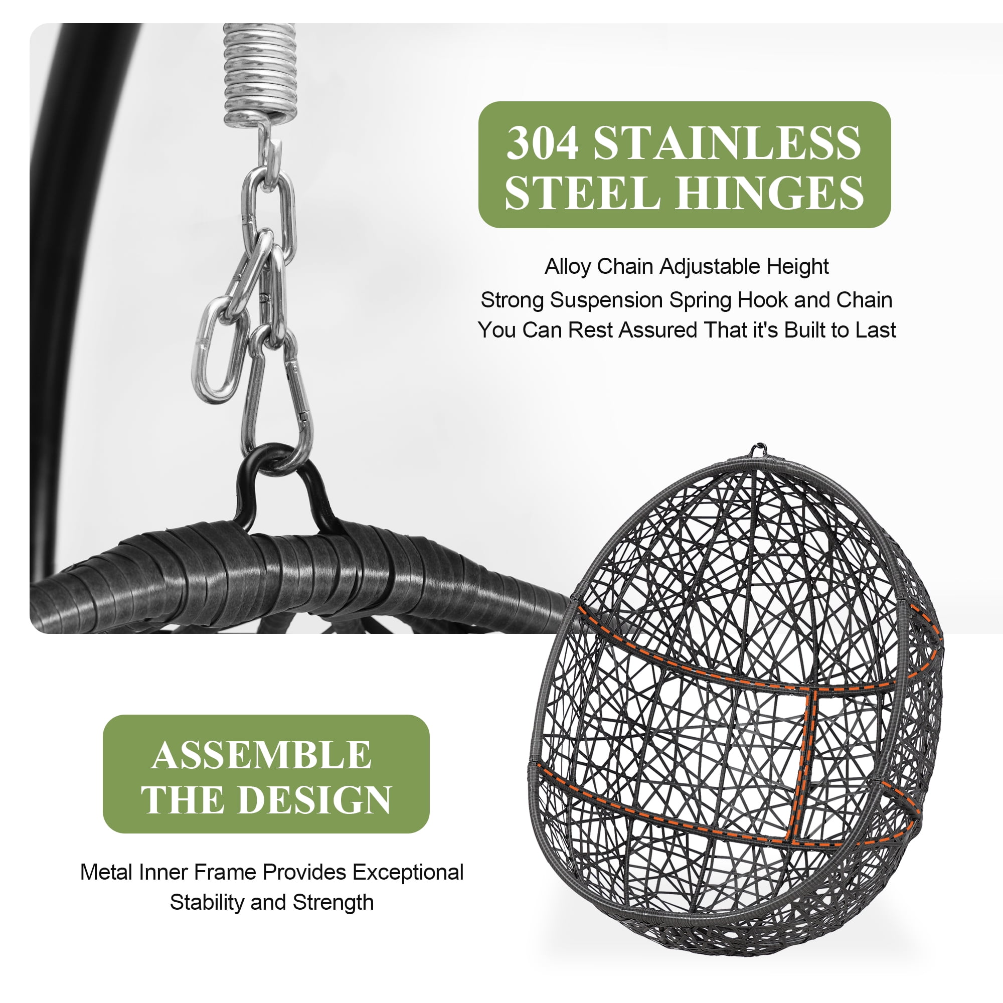Swing Egg Chair Bird Nest Cage Chair with Stand Comfortable Cushion Indoor Outdoor Rattan Design with Sturdy Metal Frame Water/UV-Resistant 450lbs Capacity Dark Gray