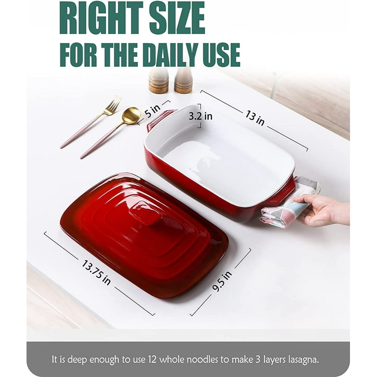 Large Ceramic Casserole Dish with Lid, 4.0 Quart Covered Rectangular  Stoneware Baking Dishes for Oven, Deep 9x13 Inch Lasagna Pans for Baking  and Serving, Red 