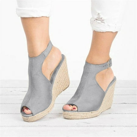 

Women Shoes Women s Fashion Solid Wedges Casual Buckle Strap Roman Shoes Sandals Grey 5.5