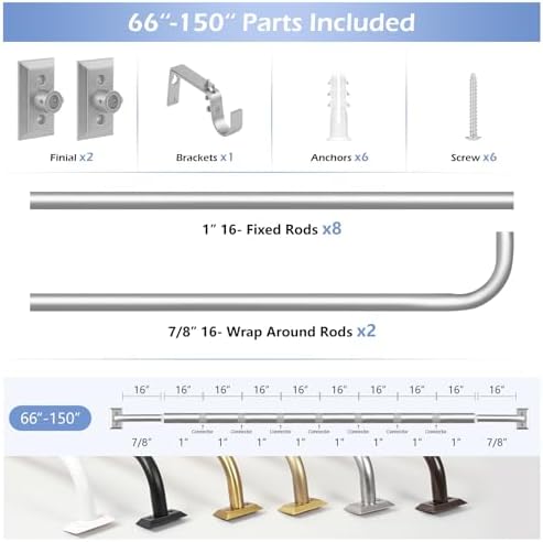 Nickel Wrap Around Curtain Rods 72 to 144 Inch:Blackout Heavy Duty Adjustable Long Window Curtain Rod Room Darkening,Modern Decorative Curved French Metal Drapery Rod Easy Install,Satin Nickel
