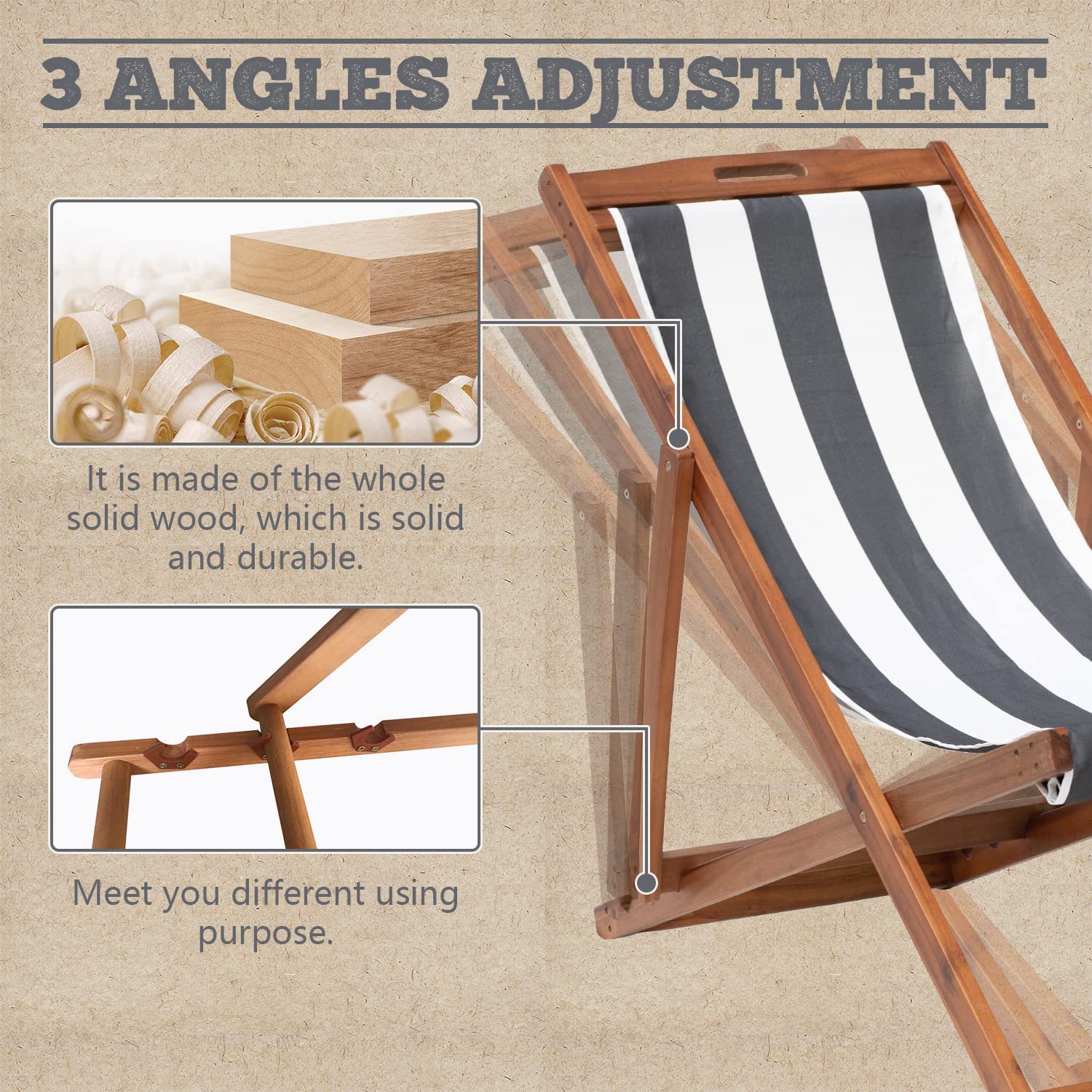 Beach Sling Chair Set, Folding Adjustable Frame Patio Lounge Chair Set of 2 Outdoor Solid Wood Frame Portable Reclining Beach Chair with White Polyester Canvas 3 Level for Beach Swimming Pool - image 4 of 7