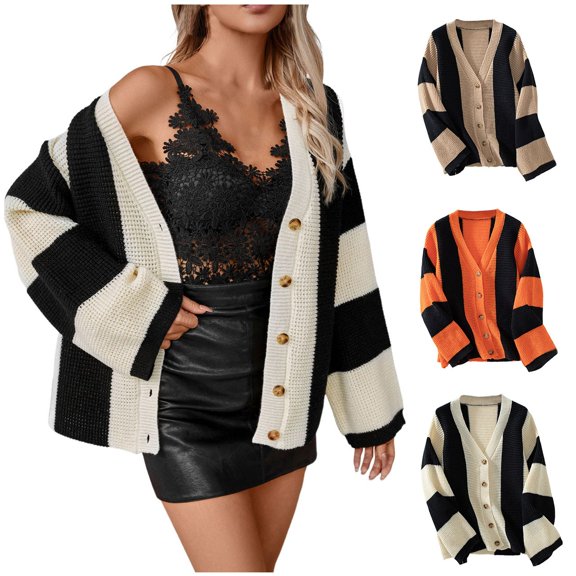 ZZwxWA Women's Colorblock Drop Shoulder Button Front Bell Sleeve Knitted Cardigan Sweater