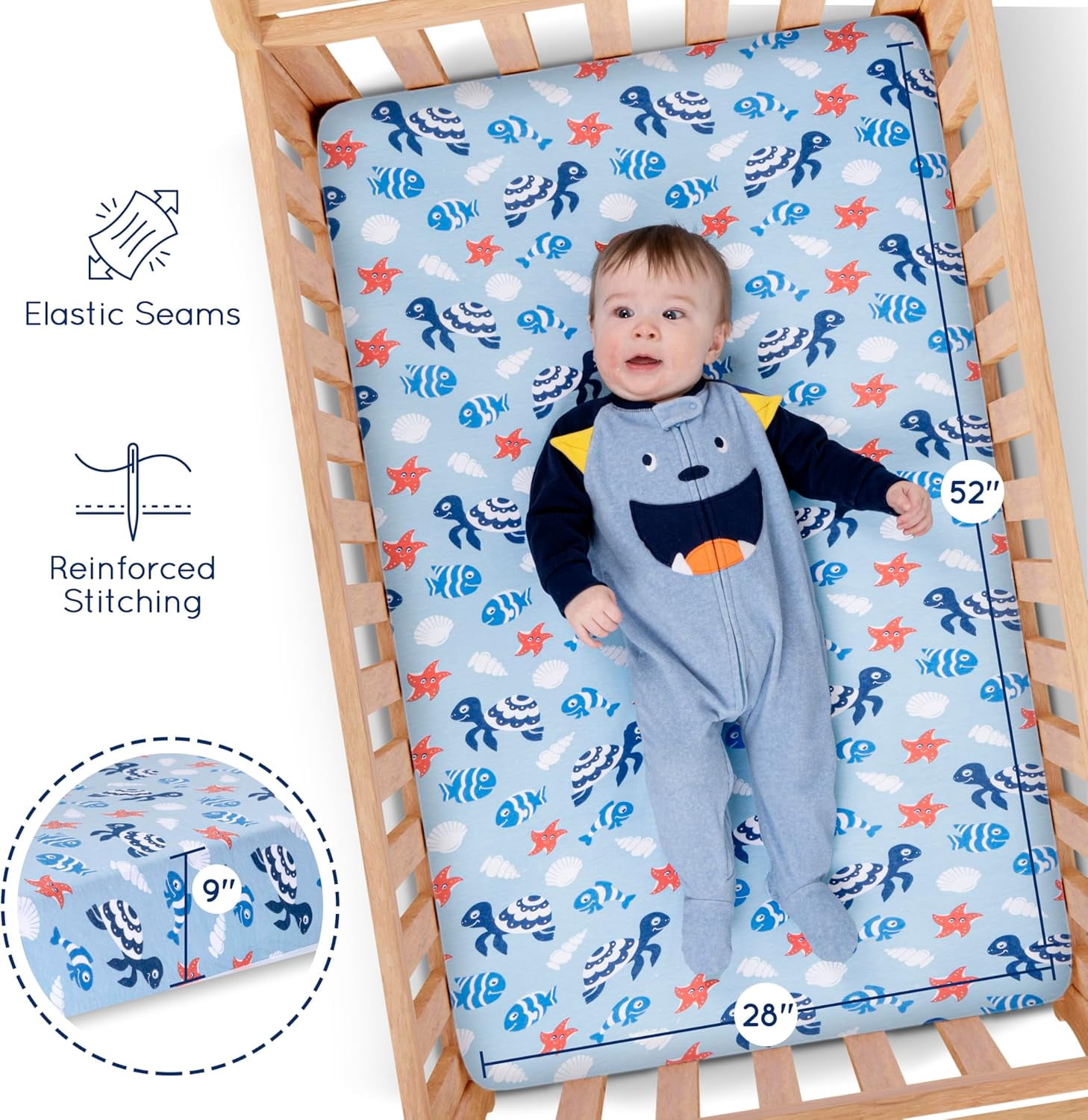 Fitted Crib Sheets 3 Pack by GROW WILD - Soft Jersey Cotton Toddler Sheet | Baby Crib Bedding Set for Boys | Crib Mattress Sheets and Boys Toddler Bed Sheets | Ocean Blue Crib Sheets Whale Turtle