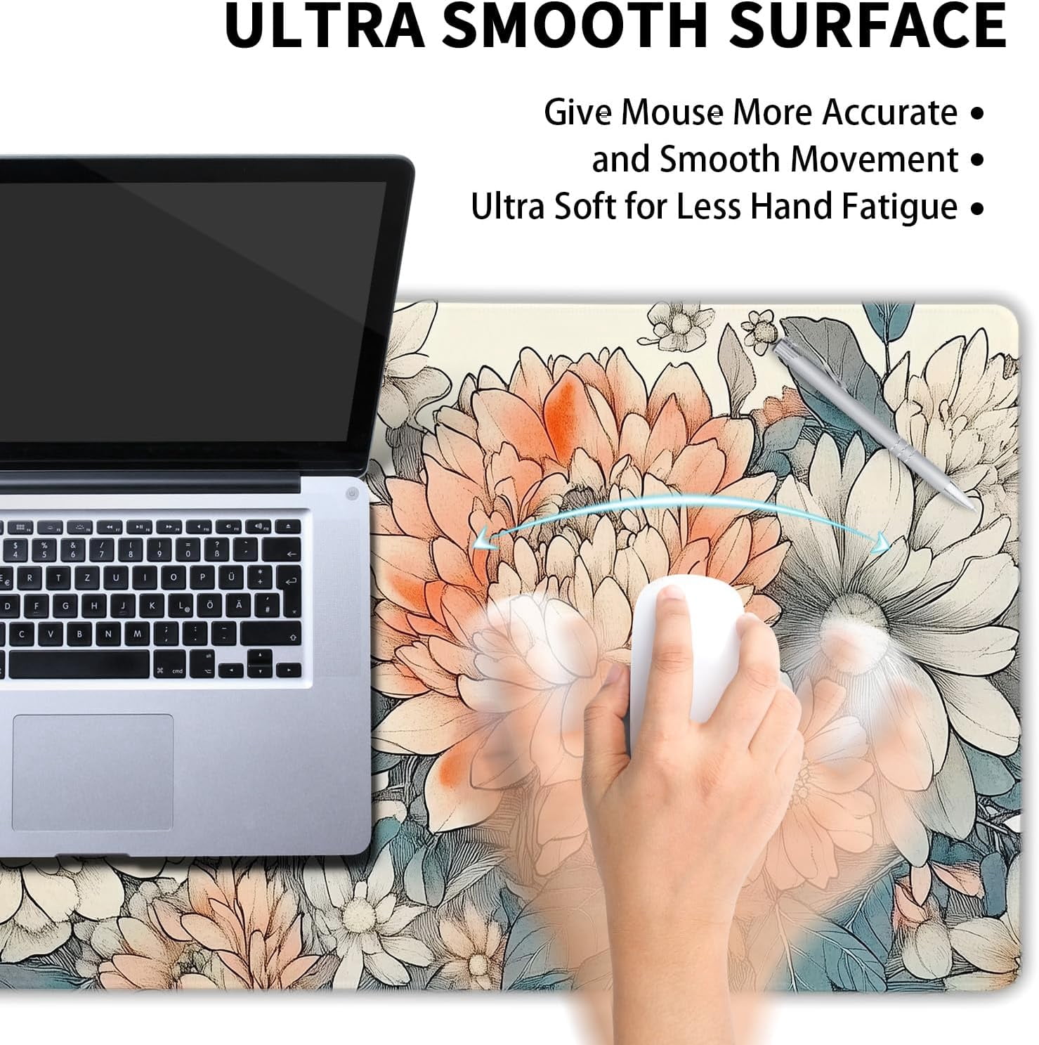 Japanese Aesthetic Floral Gaming Mouse Pad - XL Vintage Orange White Flowers, Extended Large Mat, Non-Slip Rubber Base, Stitched Edge, Long Keyboard Pad for Computer, 31.5x11.8 Inch