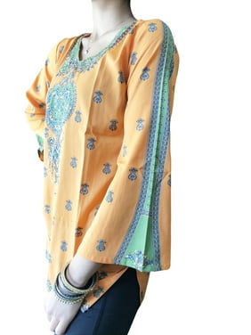 Women Tunic Top , Orange Green hand embroidered Blouse, Summer Boho Fashion Comfy Tops SM