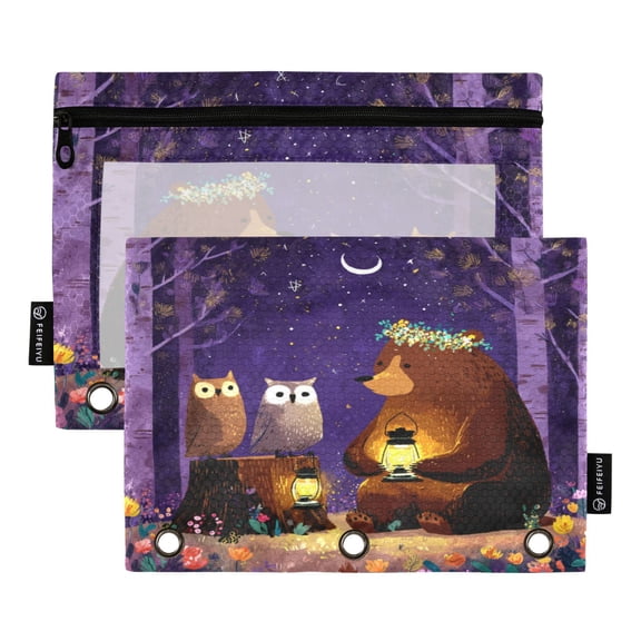 2 Pack 3 Ring Binder Pouch with Clear PVC Window Water Resistant Zipper Pencil Pouch Owls and Bear Binder Pocket for Classroom Office Home Stationery Organization