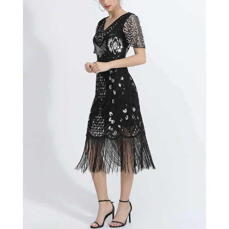 chinese dress ladies Wedtrend Women Gatsby Party Dress Sequins Red Long Flapper Formal Dress with Short Sleeves, Ivory / XL main image 0