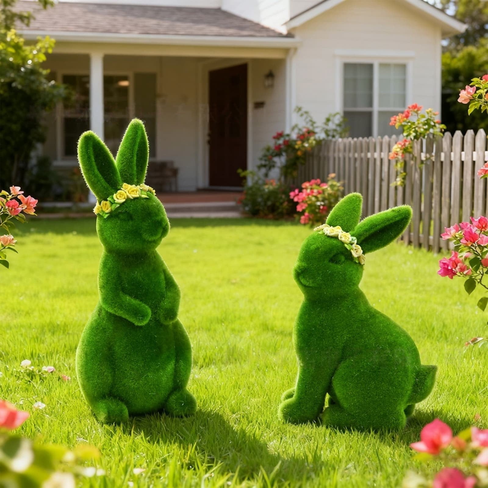 Artificial Flocked Bunny Figurines Moss Easter Bunny Ornaments, Green Moss Bunnies Statue for Easter Spring Decor, Outdoor Resin Flocked Rabbit Statue for Garden Decorations Office Party