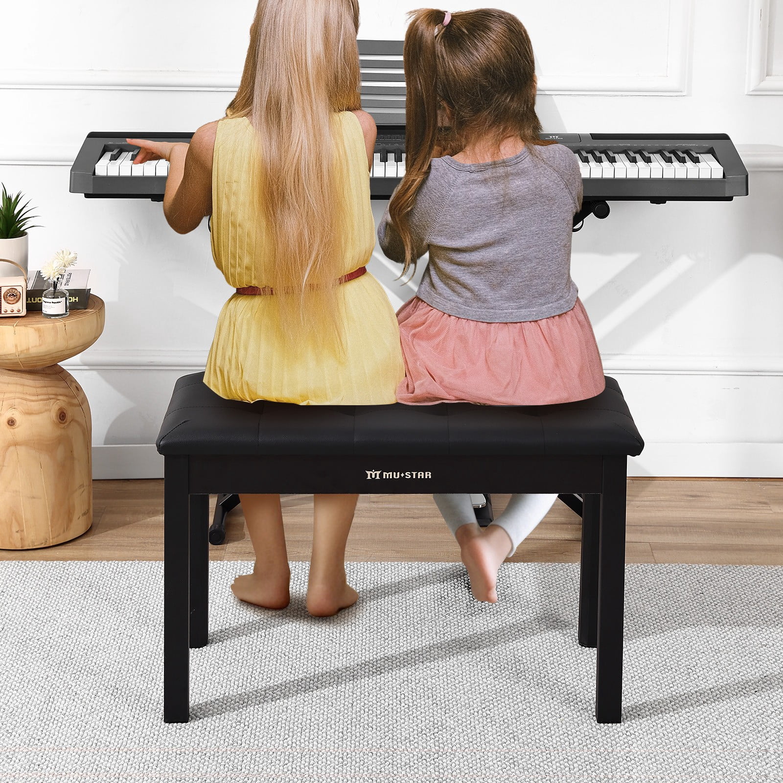 Mustar Duet Piano Bench Wood Stool with Storage, Padded Cushion for Keyboard Piano