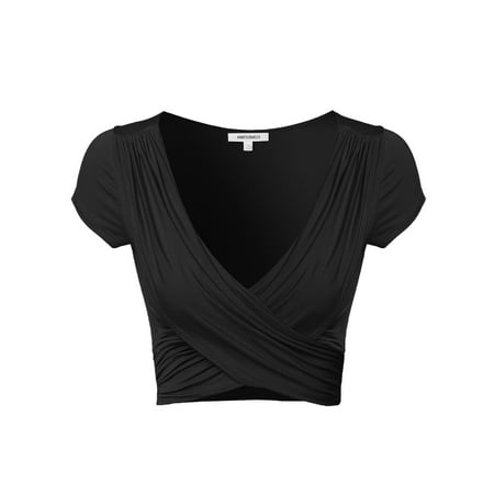 Cap Sleeve Matte - FashionOutfit Women's Solid V-Neck Crossover Shirred Wrap Front Cap Sleeves Crop Top