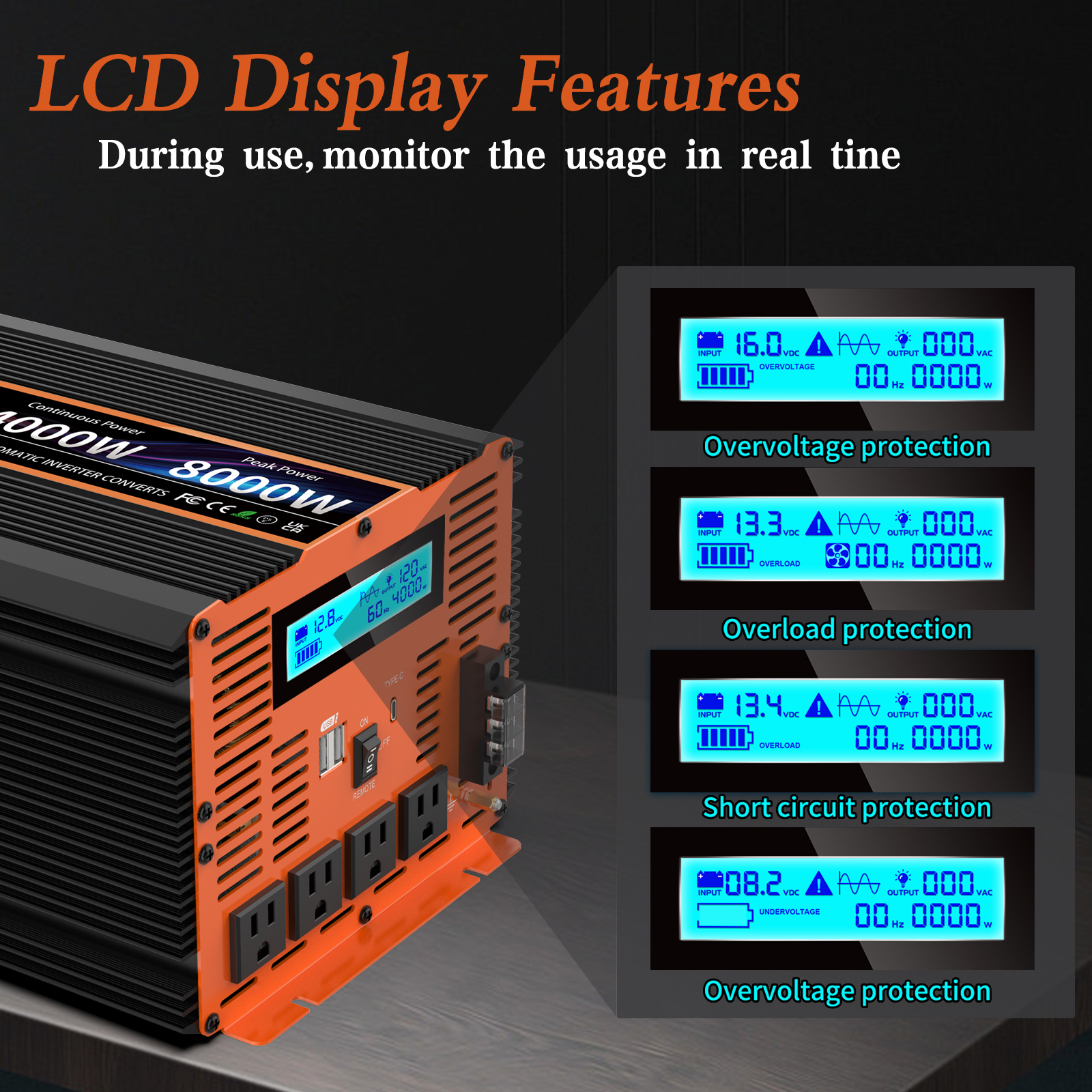 4000 Watt Pure Sine Wave Power Inverter 12V DC to 110V 120V Converter for Family RV Off Grid Solar System Car with Type-C Ports 4 AC Power Outlets Dual USB Ports LCD Display Wireless Remote Control