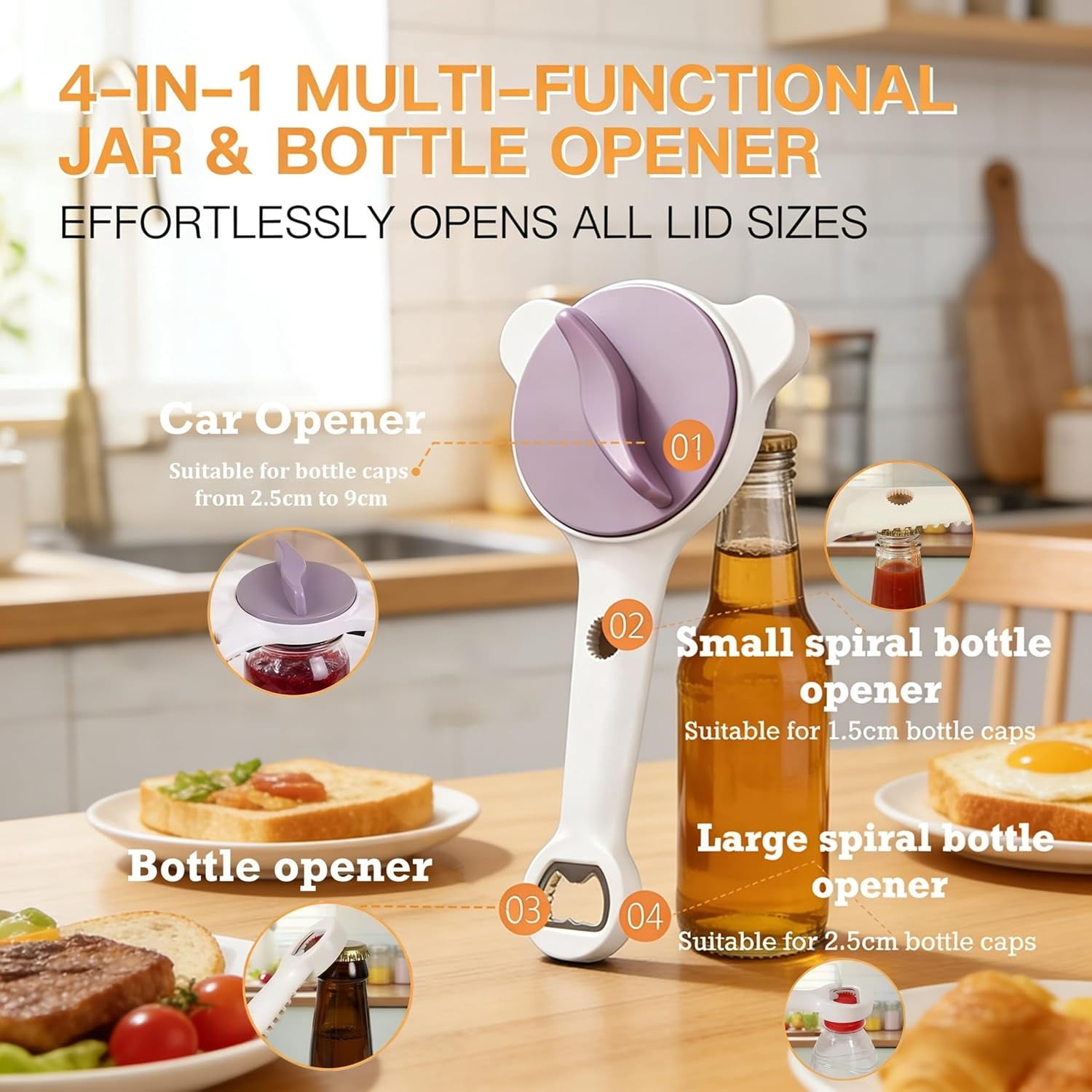 New 4-in-1 can opener, ergonomic adjustable stainless steel bottle cap opener, multifunctional telescopic can opener, suitable for opening various sauces, canned foods, and beer, 2-pack