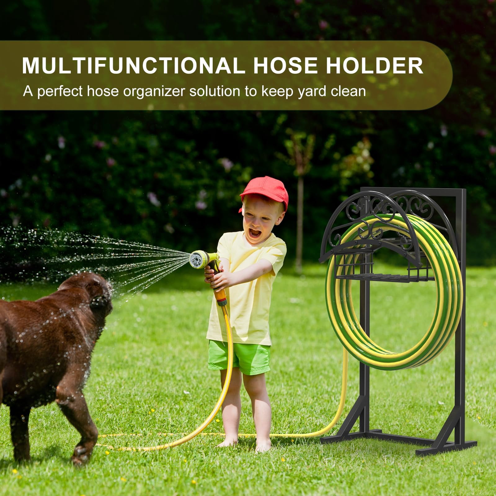 Yacona Garden Hose Holder, Heavy Duty Freestanding Hose Reel Hanger for Outside, Supports 160-Feet Hose, Black