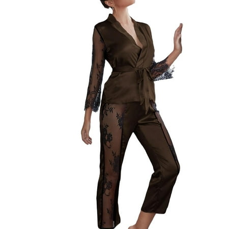 

Colorblock Pant Sets Chocolate Brown 3/4 Sleeve Elegant Women s Pajama Sets