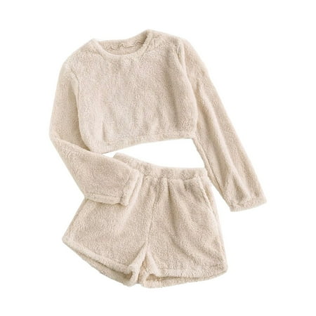 

ALSLIAO Womens Long Warm Fleece Pajamas Suit Shorts Set Winter Thermal Sleepwear 2Pcs