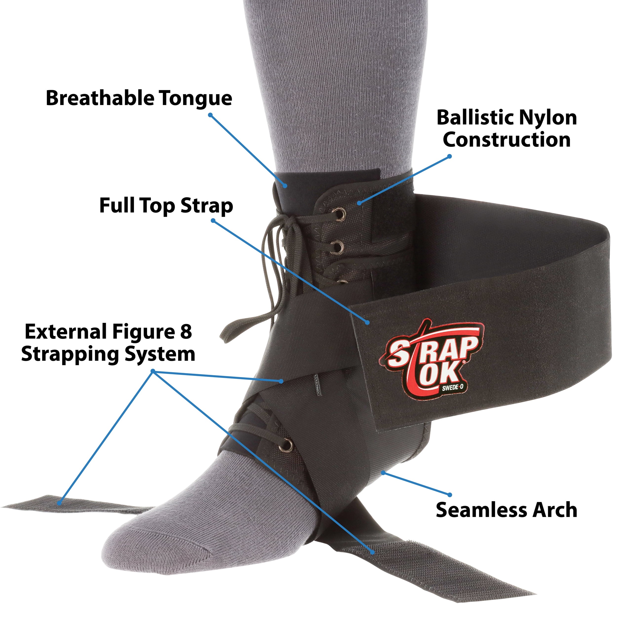 Swede-O Strap Lok Laced Ankle Brace with Dual Strap Locking System, Black, XXLarge