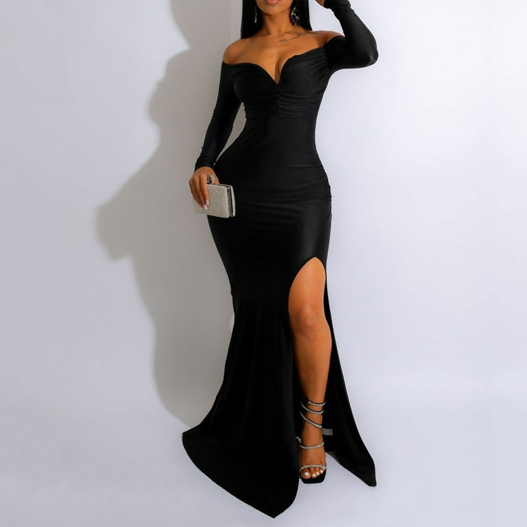 iOPQO Black Dresses For Women V Neck High Split Long Formal Evening Dress  Maxi Party Gown Sleeve Slit Dress Prom Long Plus Size Dress Long Sleeve