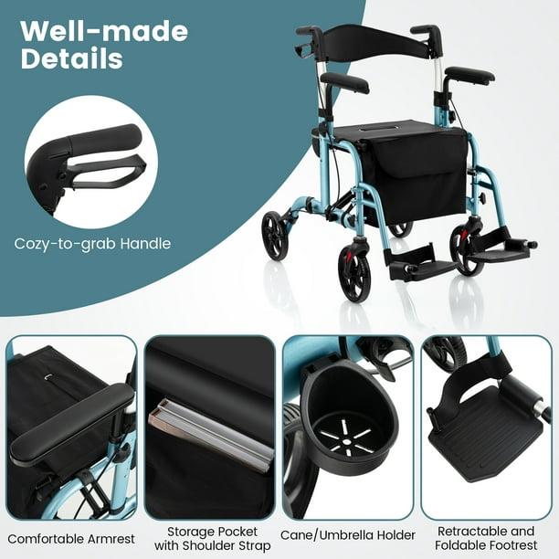 Goplus Folding Rollator Walker w Seat 8 Wheels Supports up to 300 lbs Navy Walmart