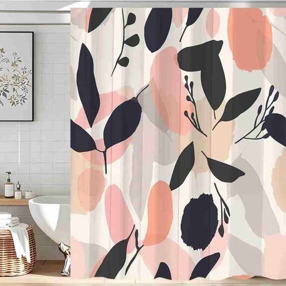 70x70 inch Abstract Pink and Navy Leaves Shower Curtain, Waterproof Polyester Fabric with Hooks for Bathroom Decor