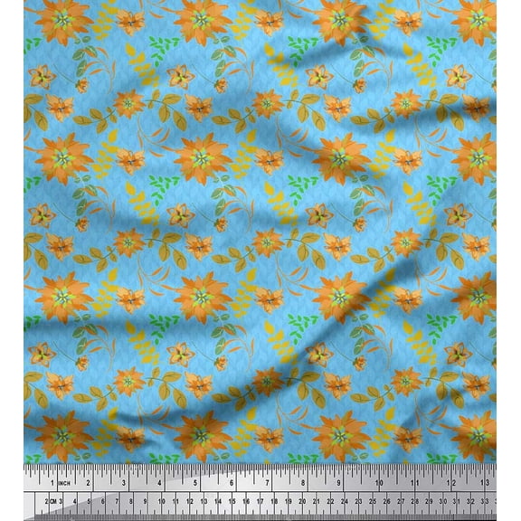 Soimoi Cotton Duck Fabric Leaves & Aster Floral Print Sewing Fabric Yard 42 Inch Wide